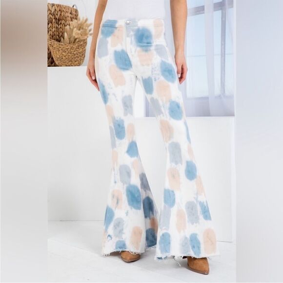 Peach Love Tie Dye Blue Tan Boho Bell Bottom 70’s Inspired Style Jeans Feminine - Picture 3 of 14